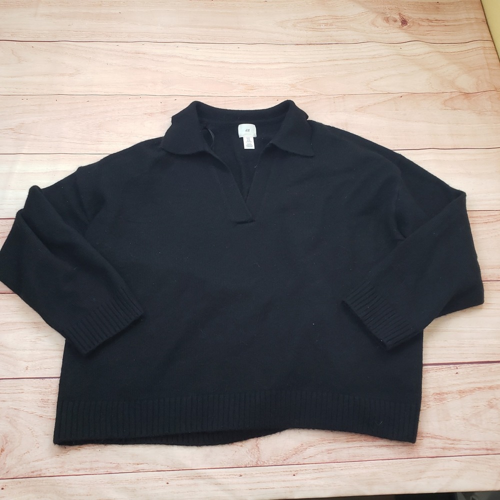 HM Sweater Womens Extra Large‎ Black Polo V-Neck Collared Knit Pullover Cardigan